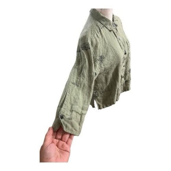 Chico's Sage Green Linen Monkey Print Button-Up Shirt Size 0 (4) Slit 3/4-Sleeve - Picture 3 of 13